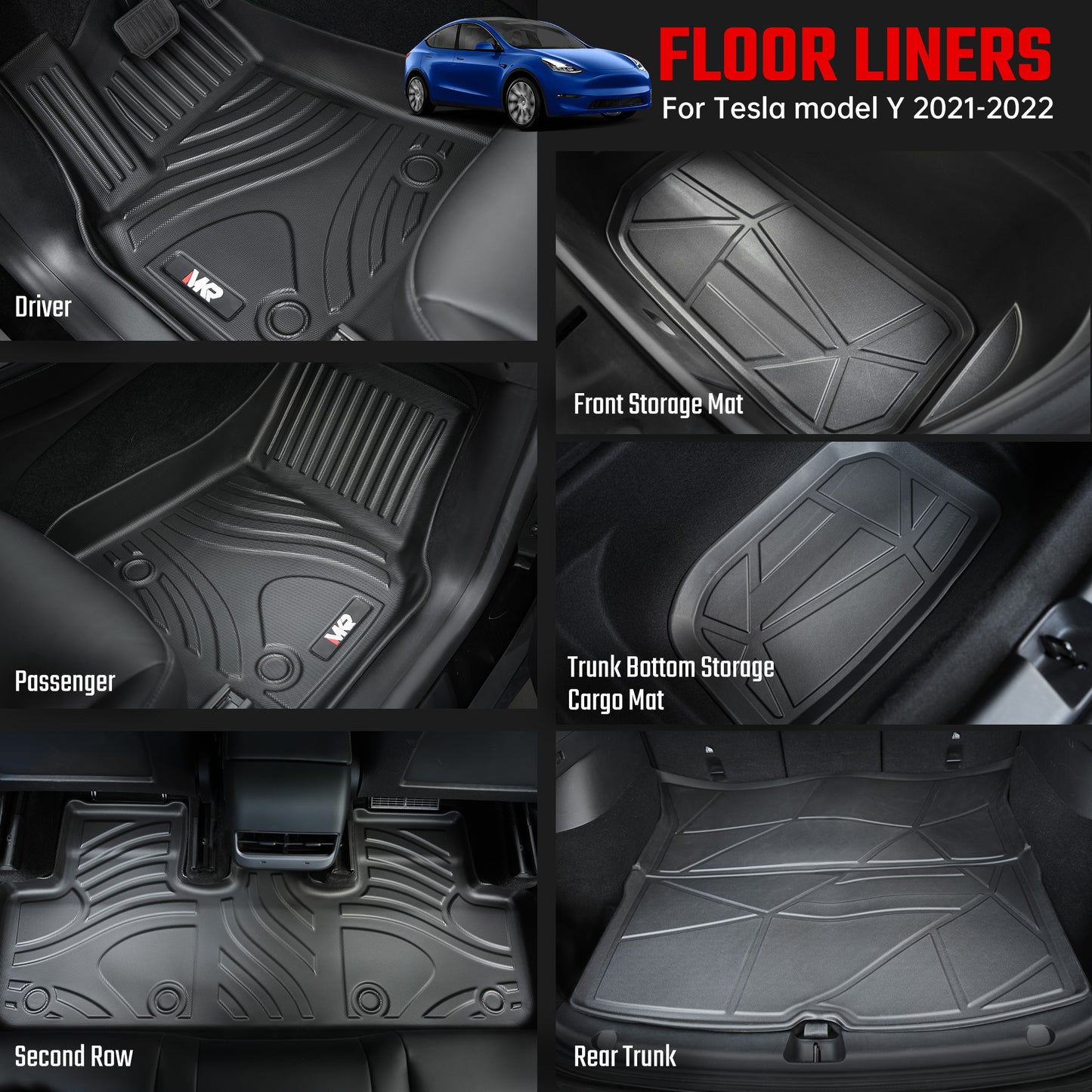 All-Weather TPE Floor Mats For Tesla Model Y 2021-2022 Model 3 2023-2025 - Waterproof, Anti-Slip, Full Coverage