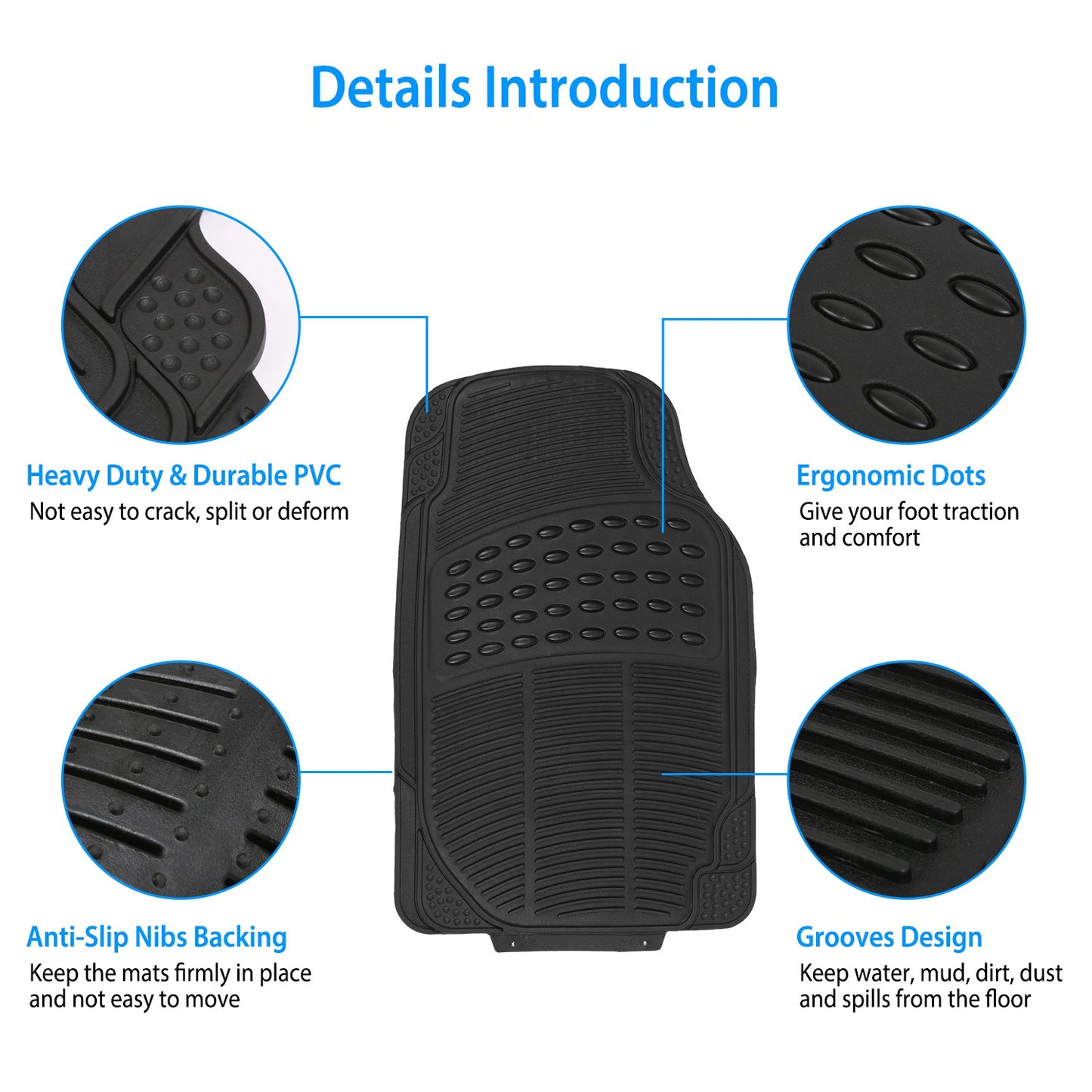 Piece Universal Car Floor Mats Set (Front + Rear) | Trim-to-Fit | Heavy Duty All-Weather PVC/Rubber