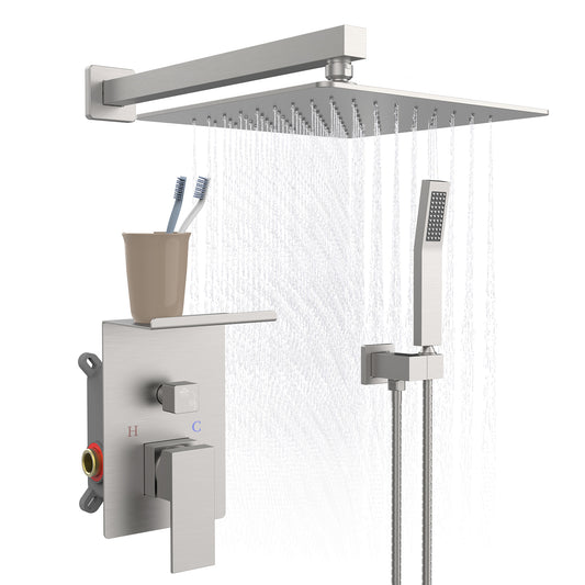 Rainfall Shower System With Storage Rack 10 Inch Shower Faucet Set Brushed Nickel With High Pressure With Square Shower Head Luxury Shower Set Wall Mount