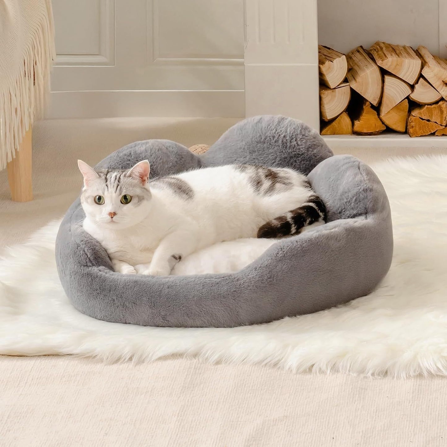 MEWOOFUN Cat Bed And Small Dog Bed, Fluffy Dog Bed Washable Cat Couch Bed, Cute Cat Bed For Indoor Cats, Flower Cat Sofa Bed With Non Slip Bottom, Pet Bed For Puppy And Kitten Grey, 23