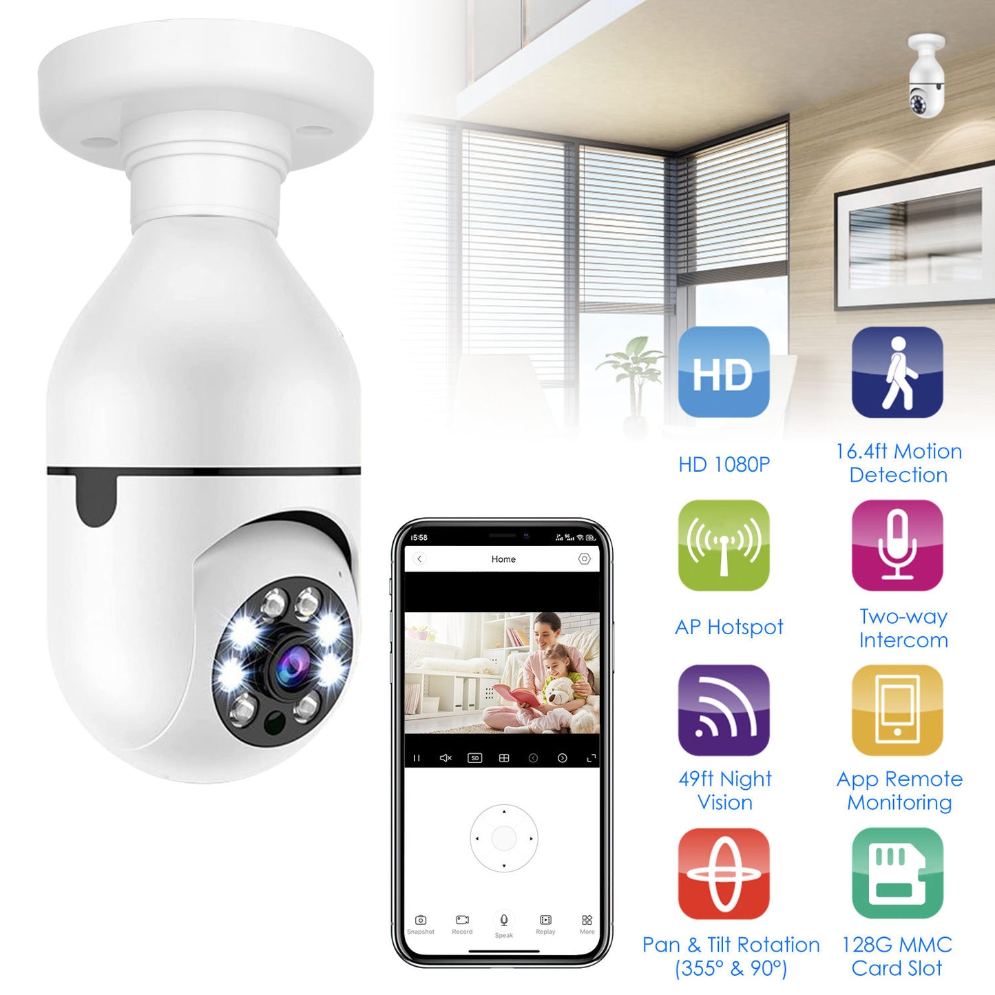 1Pc E27 WiFi Bulb Camera 1080P FHD WiFi IP Pan Tilt Security Surveillance Camera With Two-Way Audio Night Vision Motion Detection Function APP Control