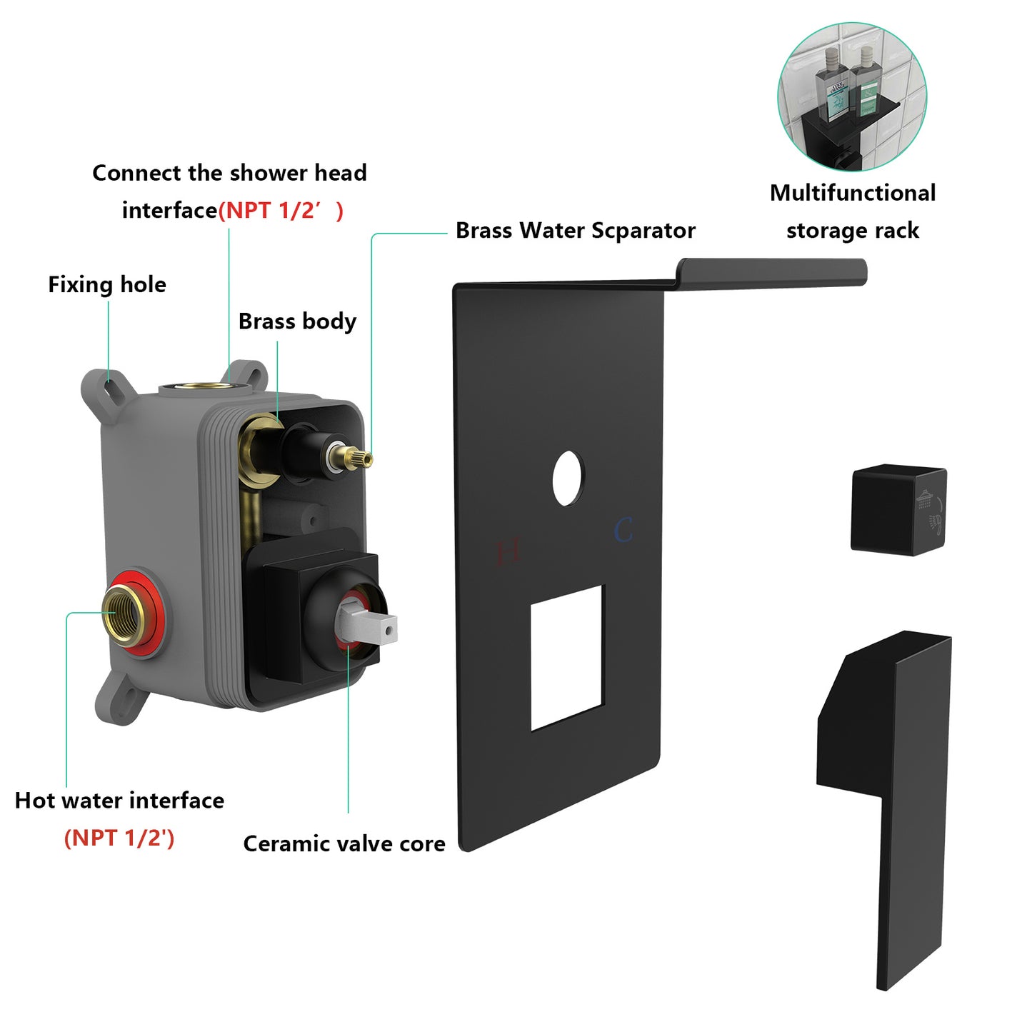 Rainfall Shower System With Storage Rack 10 Inch Shower Faucet Set Matte Black With High Pressure With Square Shower Head Luxury Shower Set Wall Mount