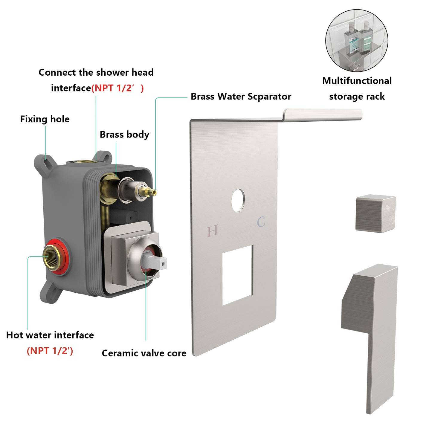 Rainfall Shower System With Storage Rack 10 Inch Shower Faucet Set Brushed Nickel With High Pressure With Square Shower Head Luxury Shower Set Wall Mount