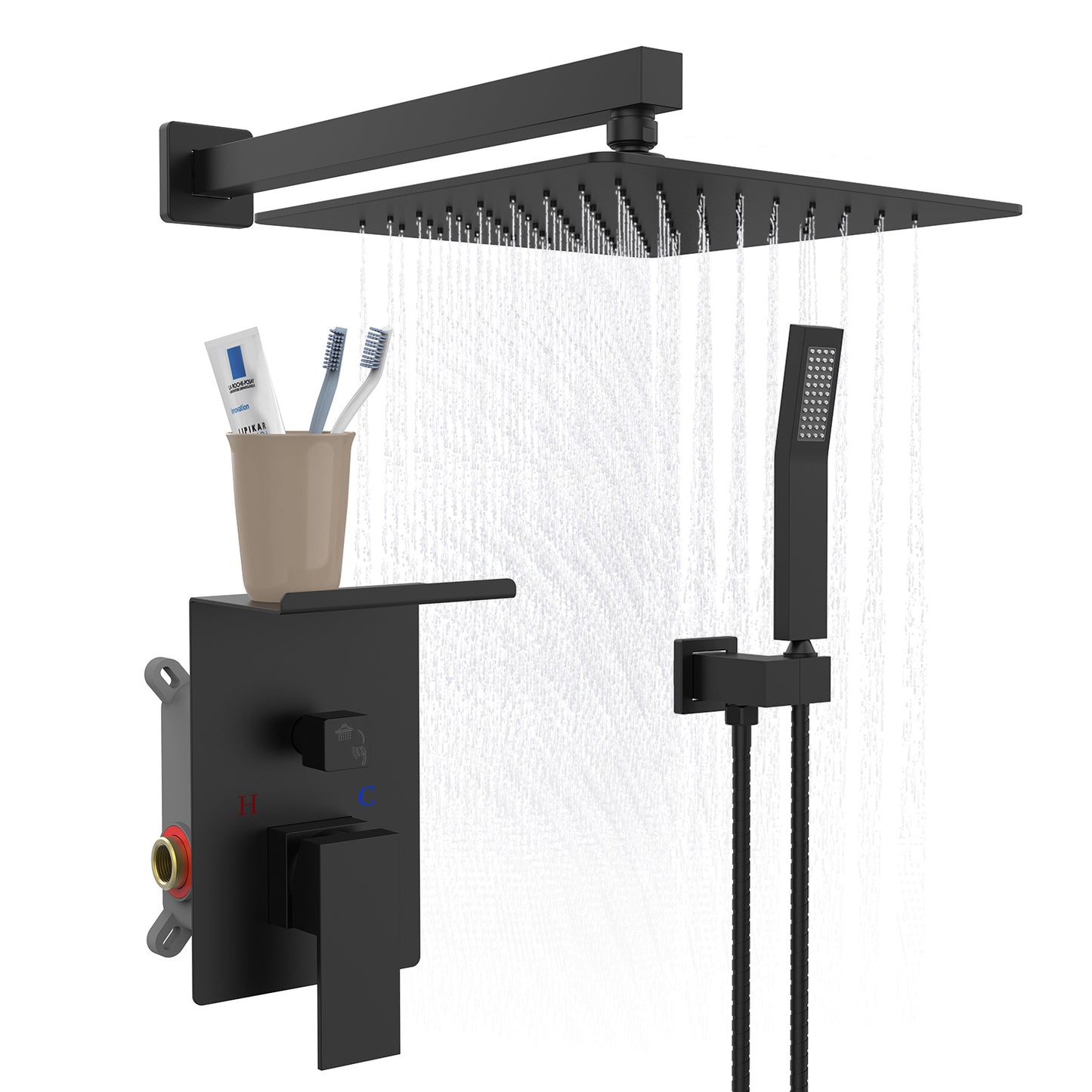 Rainfall Shower System With Storage Rack 10 Inch Shower Faucet Set Matte Black With High Pressure With Square Shower Head Luxury Shower Set Wall Mount