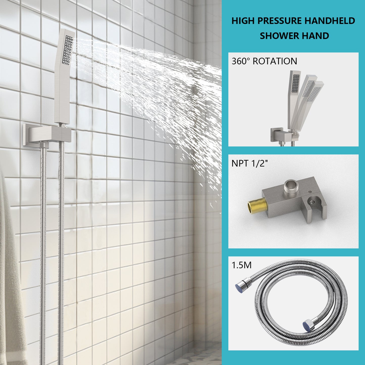 Rainfall Shower System With Storage Rack 10 Inch Shower Faucet Set Brushed Nickel With High Pressure With Square Shower Head Luxury Shower Set Wall Mount