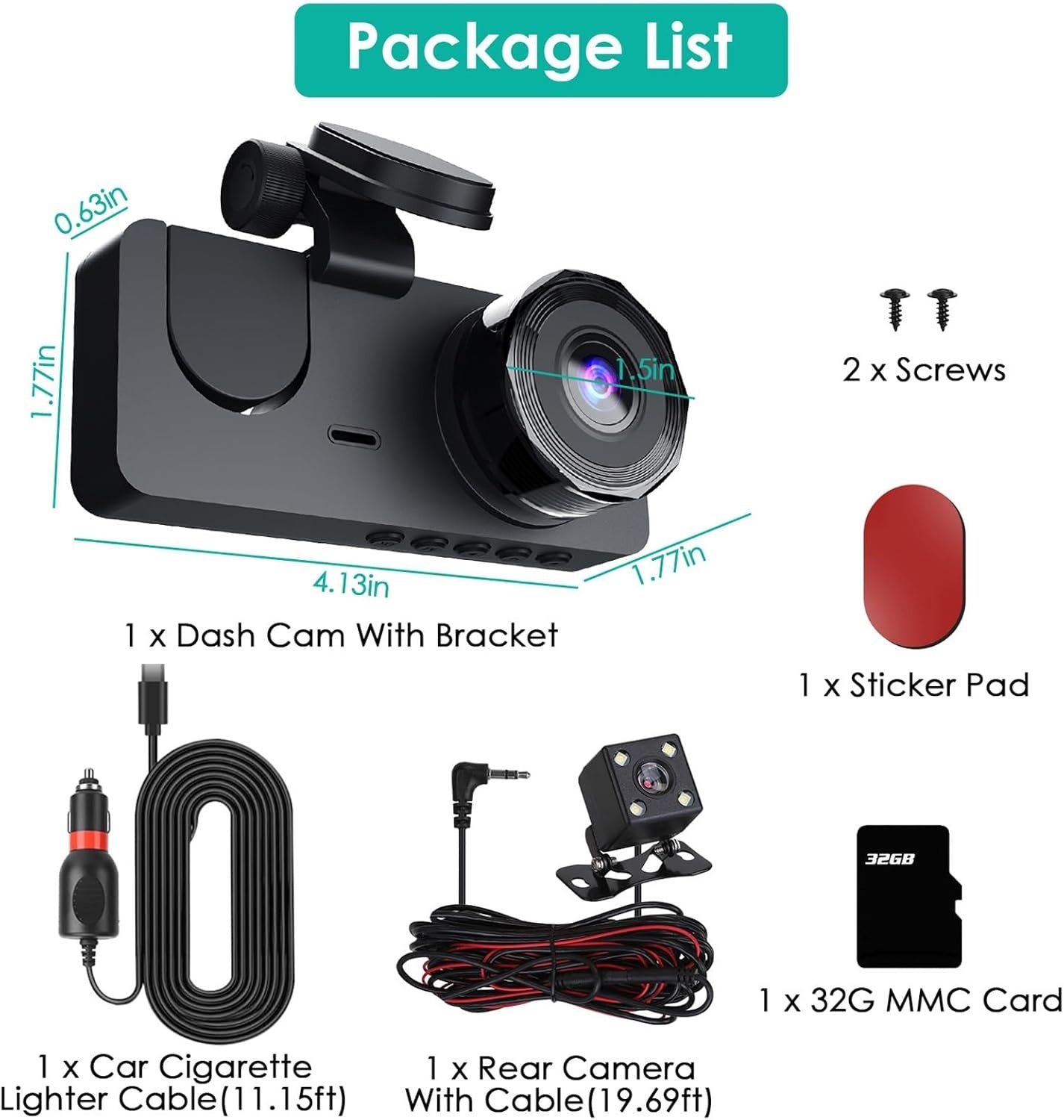 3-Channel 1080P Car Dash Camera with Front/Rear/Inside View, 32GB Card Included, 24H Parking Mode, Night Vision
