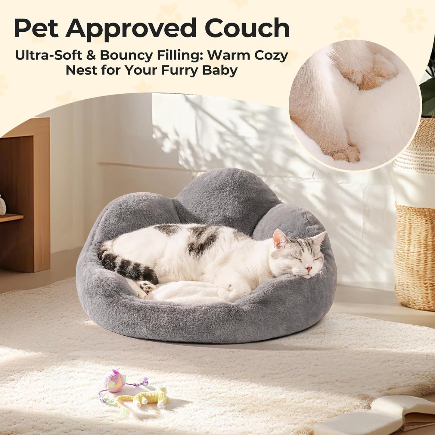 MEWOOFUN Cat Bed And Small Dog Bed, Fluffy Dog Bed Washable Cat Couch Bed, Cute Cat Bed For Indoor Cats, Flower Cat Sofa Bed With Non Slip Bottom, Pet Bed For Puppy And Kitten Grey, 23