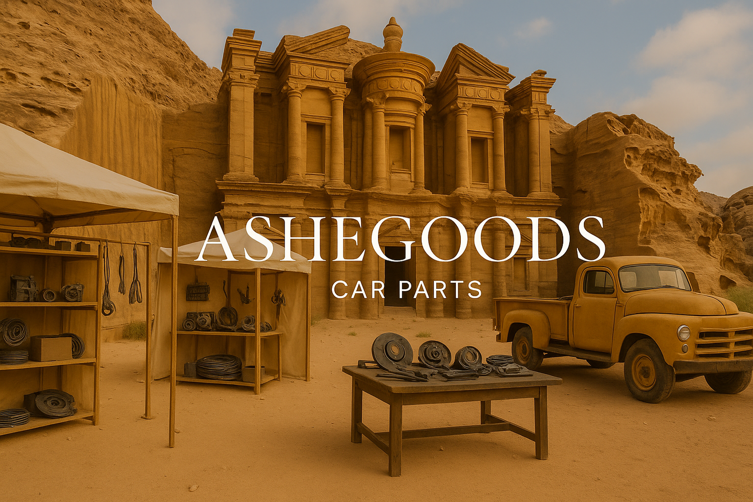 “ASHEGOODS car parts display in a desert Petra-style setting with an old truck and auto parts arranged on tables"
