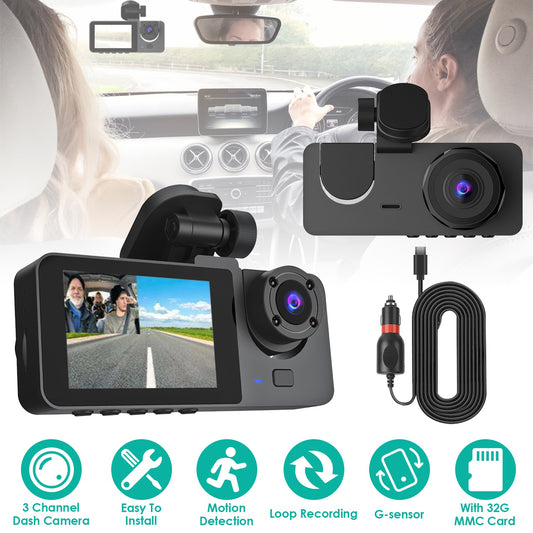 3-Channel Dash Cam with Front, Inside & Rear Recording – 1080P, Night Vision, Motion Detection, 32GB Card Included