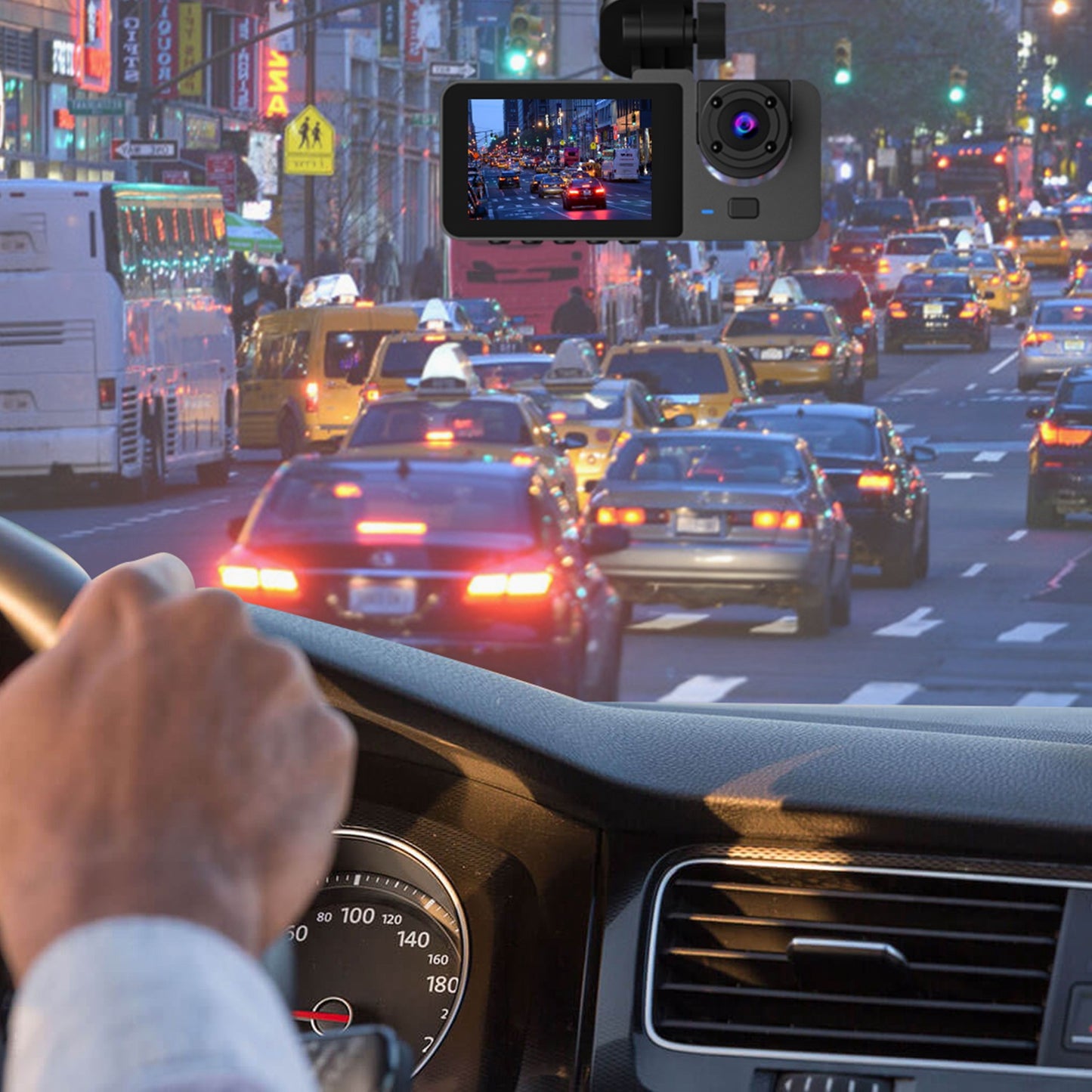 3-Channel Dash Cam with Front, Inside & Rear Recording – 1080P, Night Vision, Motion Detection, 32GB Card Included