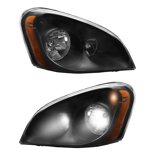 Headlight Assembly Fit for Freightliner Cascadia 2008–2016, Black Housing, Left & Right Pair, With Halogen Bulbs