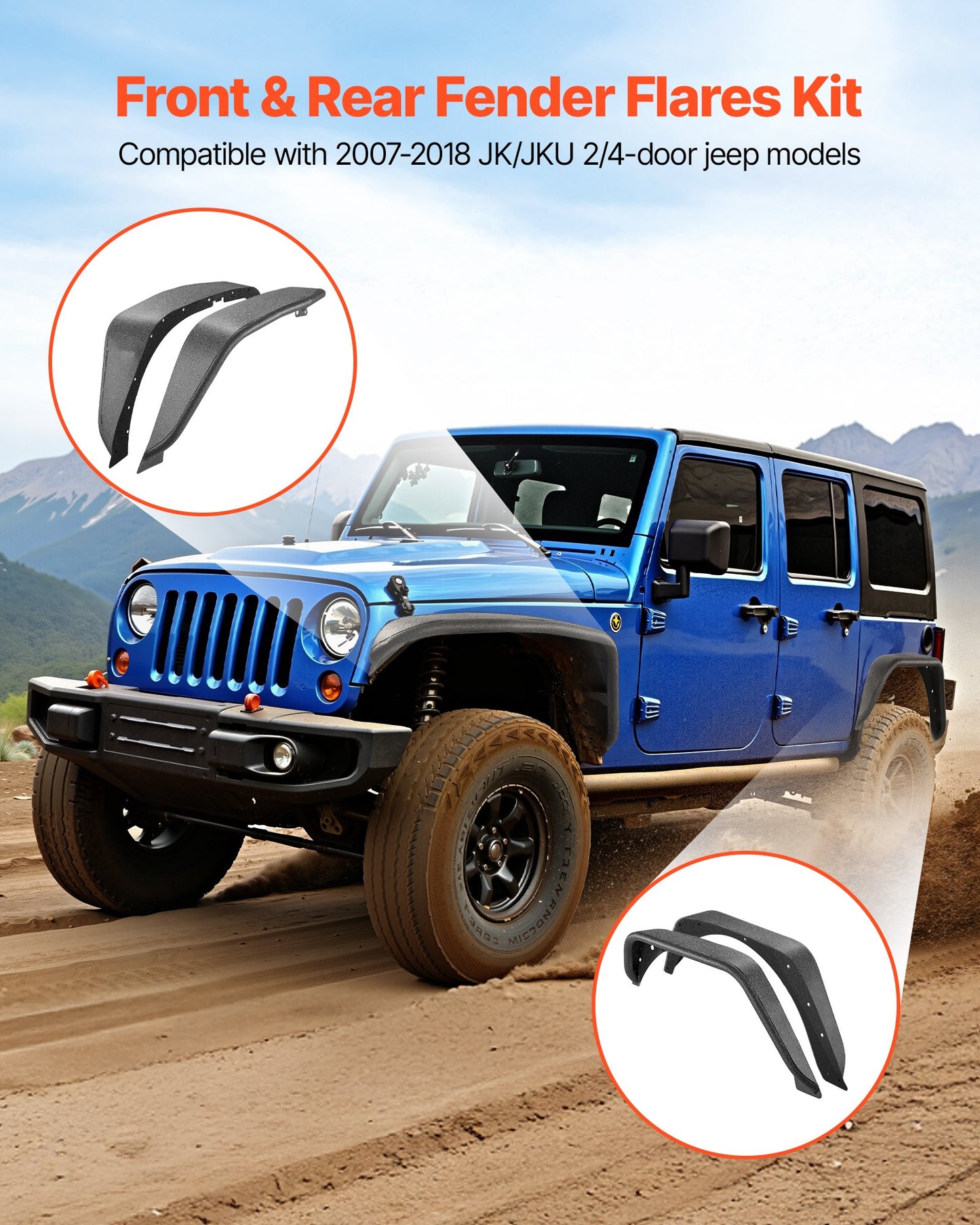 Fender Flare, Front & Rear Jeep Fender Flares Compatible With 2007-2018 Jeep JK/JKU 2/4 Doors, Fine-Textured Black Paintable Off-Road Steel Liner Set, Fenders For Jeep JK, Rust-Resistant Coating