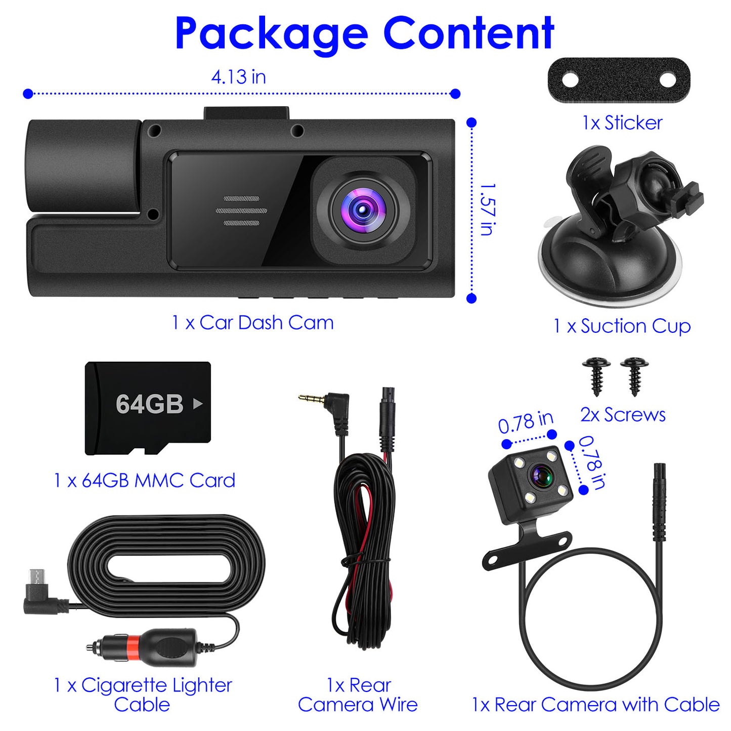 “3-Channel 1080P WiFi Car Dash Camera With Front, Rear & Inside Recording – Night Vision – 170° Wide Angle – 64GB Card Included”