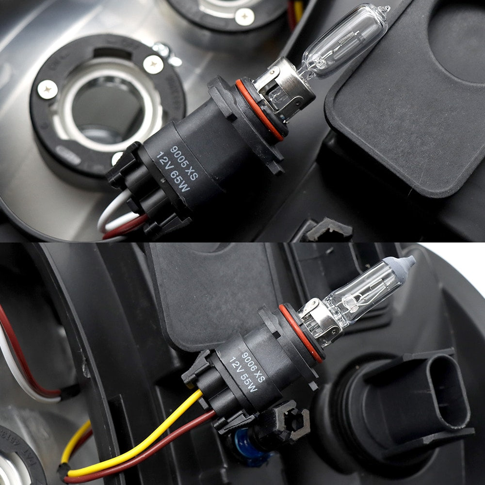 Headlights Assembly Fit For 2004-2017 Freightliner Columbia, Black Housing And Amber Reflector Headlamps, Left And Right Pair Set, Including Halogen Bulbs