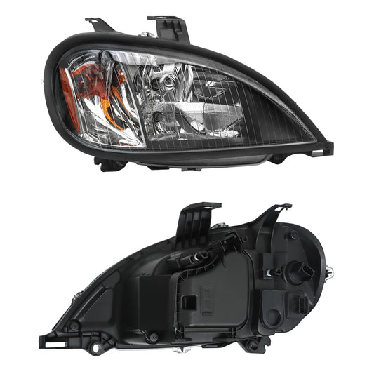 Headlights Assembly Fit For 2004-2017 Freightliner Columbia, Black Housing And Amber Reflector Headlamps, Left And Right Pair Set, Including Halogen Bulbs