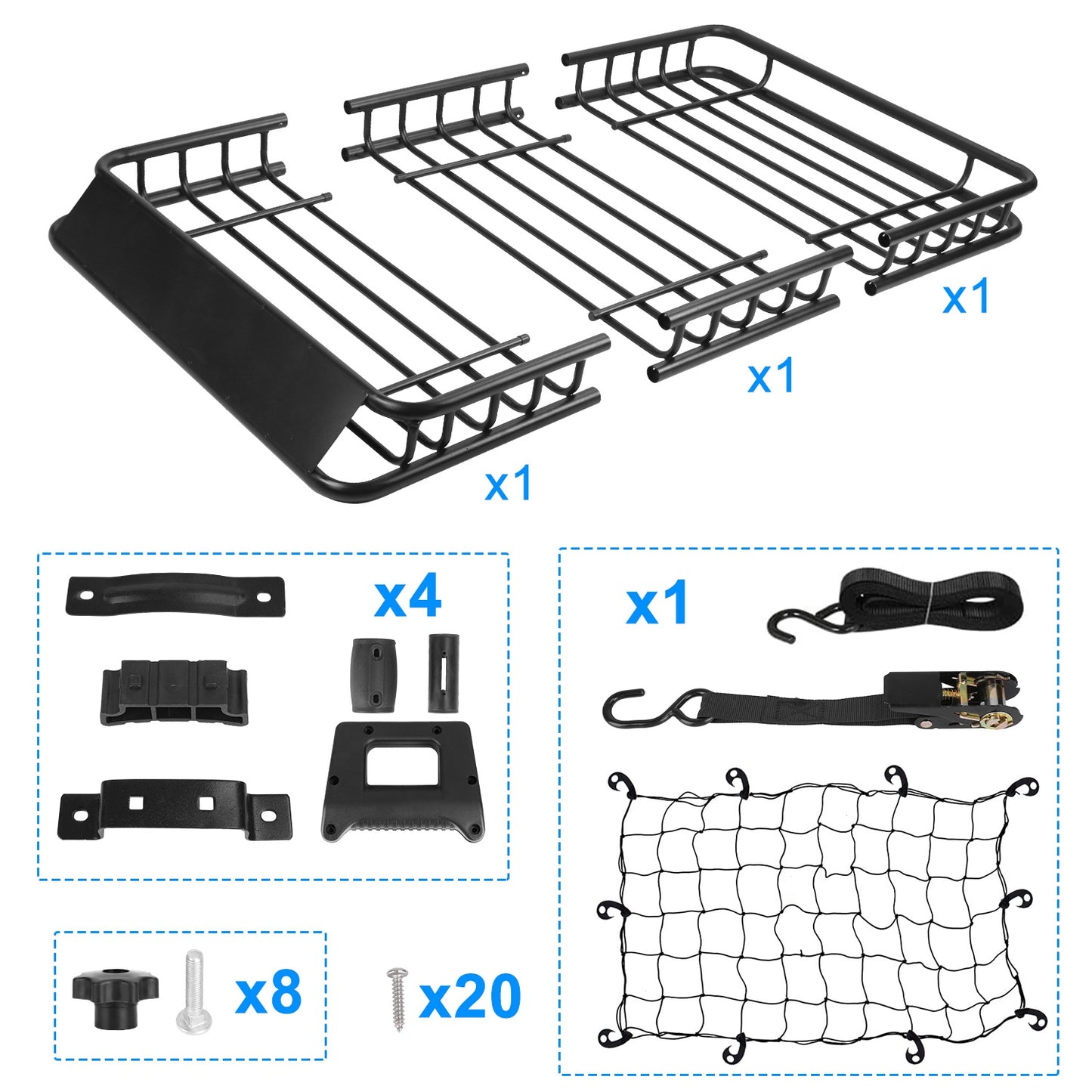 1Pc 63x39x6.3in Universal Roof Rack Cargo Carrier Car Top Luggage Holder Basket With Hook Strap Elastic Net