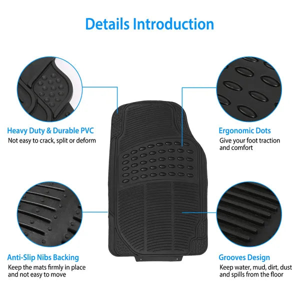 4PCS Universal Car Floor Mats Set (Front & Rear) - PVC Rubber, Heavy Duty, Trim-to-Fit