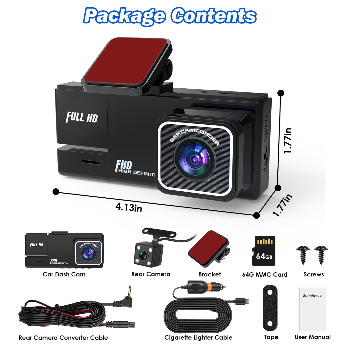 1Pc WiFi FHD 1080P Car Dash Cam 3 Channels Front Rear Inside Dash Camera With Loop Recording Reversing Image Night Vision 170 Degree Wide Angle Support 64G MMC Card Included