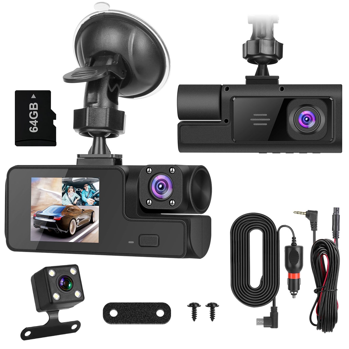 “3-Channel 1080P WiFi Car Dash Camera With Front, Rear & Inside Recording – Night Vision – 170° Wide Angle – 64GB Card Included”
