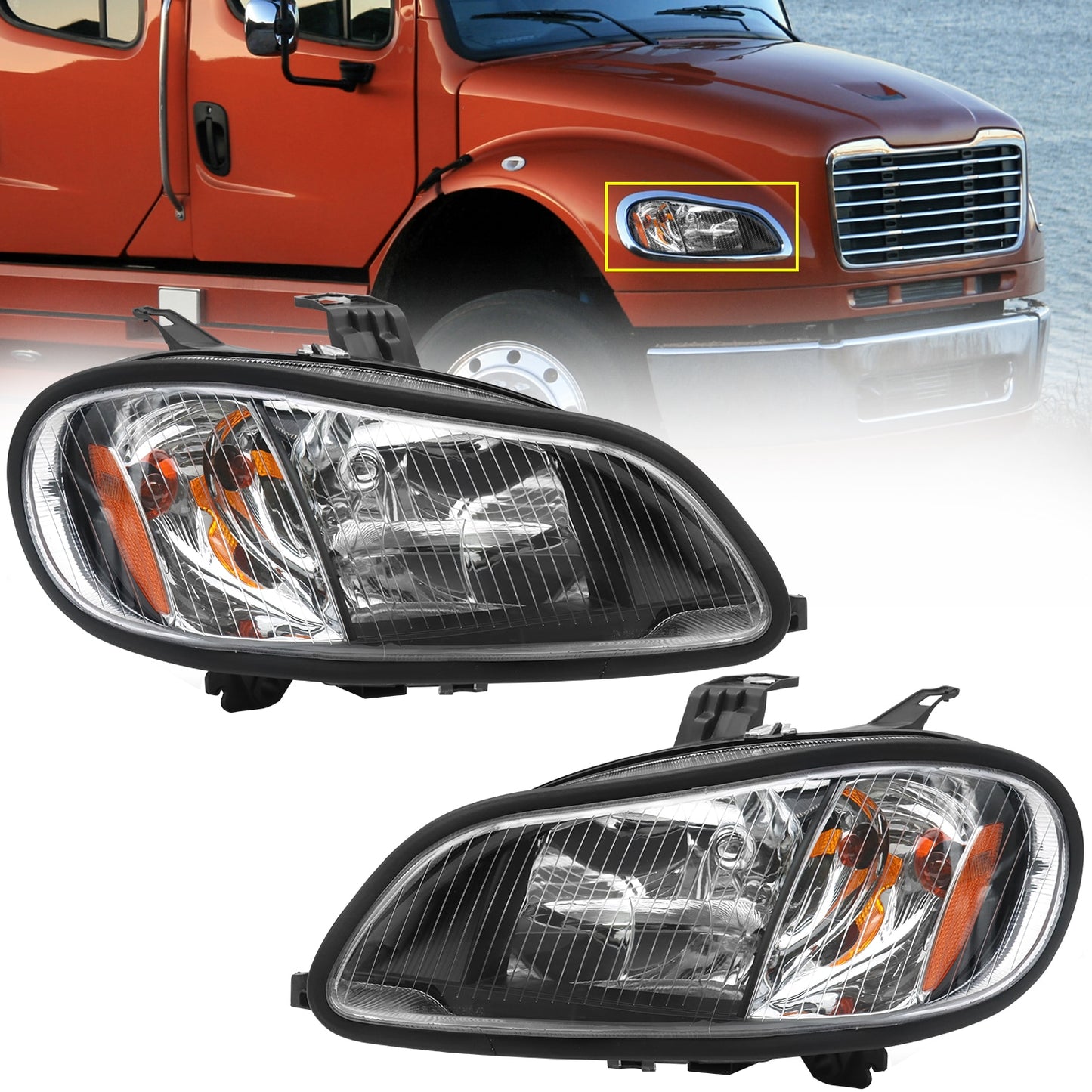Headlight Assembly Compatible With 2004-2013 Freightliner M2, Headlamps Head Lights Lamp Assembly Left And Right Black