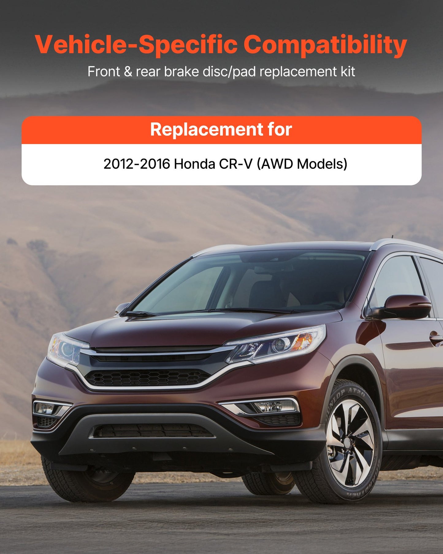 Front & Rear Brake Kit Compatible With 2012-2016 Honda CR-V (AWD Models), Ceramic Brake Replacement Kits, 12 Inch Hollow Structure Front Rotors, 12 Inch Solid Structure Rear Rotors, R-31455