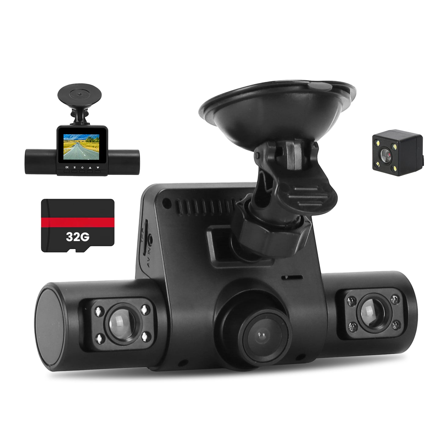 360° Car Dash Camera, FHD Front & Rear View, 4-Channel Recording, Night Vision, Motion Detection – Includes 32GB Card