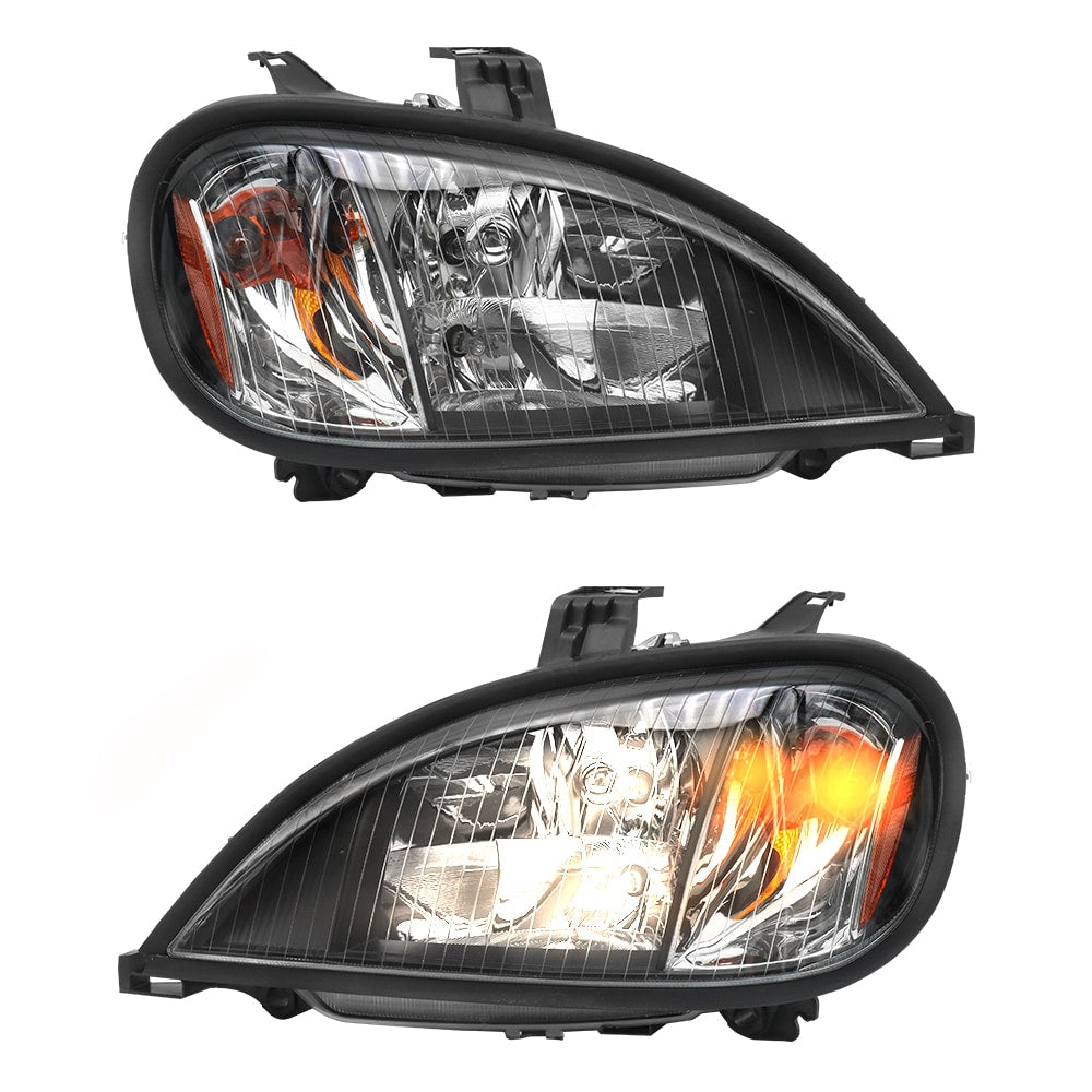 Headlights Assembly Fit For 2004-2017 Freightliner Columbia, Black Housing And Amber Reflector Headlamps, Left And Right Pair Set, Including Halogen Bulbs