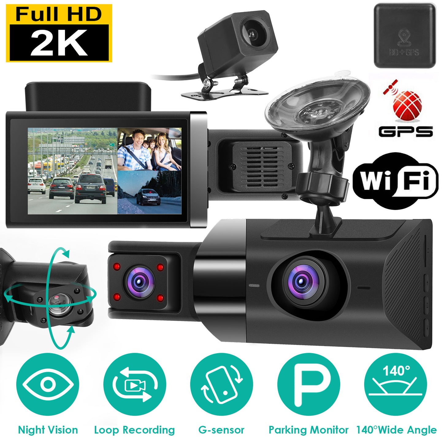 2K Car DVR 3 Channel Dash Cam Camcorder Camera Recorder With 140 Degree Angle GPS WiFi Night Vision G-sensor Loop Recording Parking Monitor
