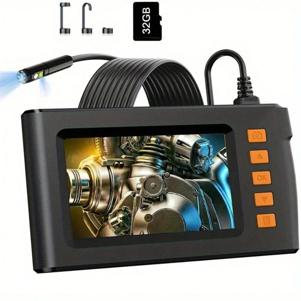 4.3 Inch Dual Lenses Endoscope Camera With Light, With 32GB Memory Card- Waterproof Borescope Camera With 8 Adjustable LED Lights,  LCD Screen, HD 1080P Inspection Camera, 5M Semi-Rigid Cord For Vehic