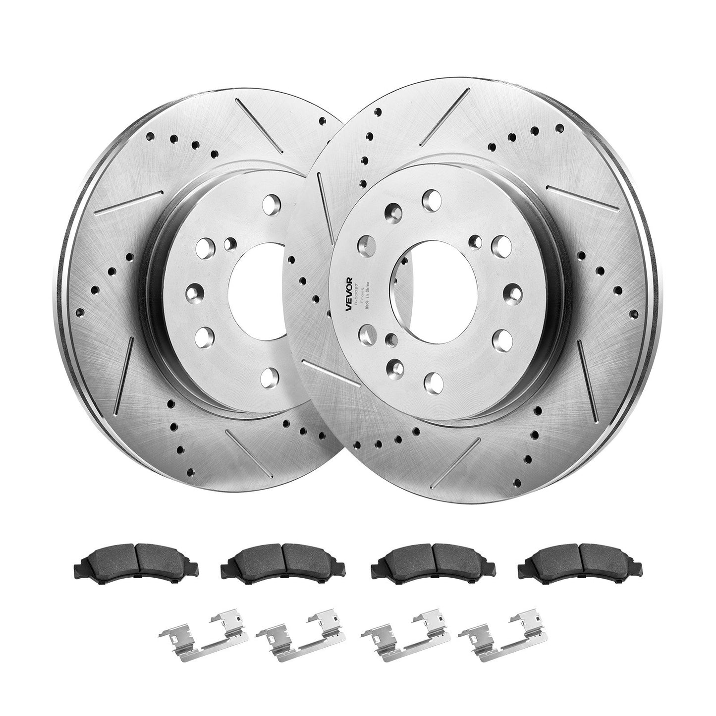 Front Brake Kit Compatible With 2008-2016 Cadillac Escalade/Escalade ESV, 2017-2020 Cadillac Escalade/Escalade ESV (Models Without Brembo Brake Package), Drilled & Slotted Brake Rotors Kit