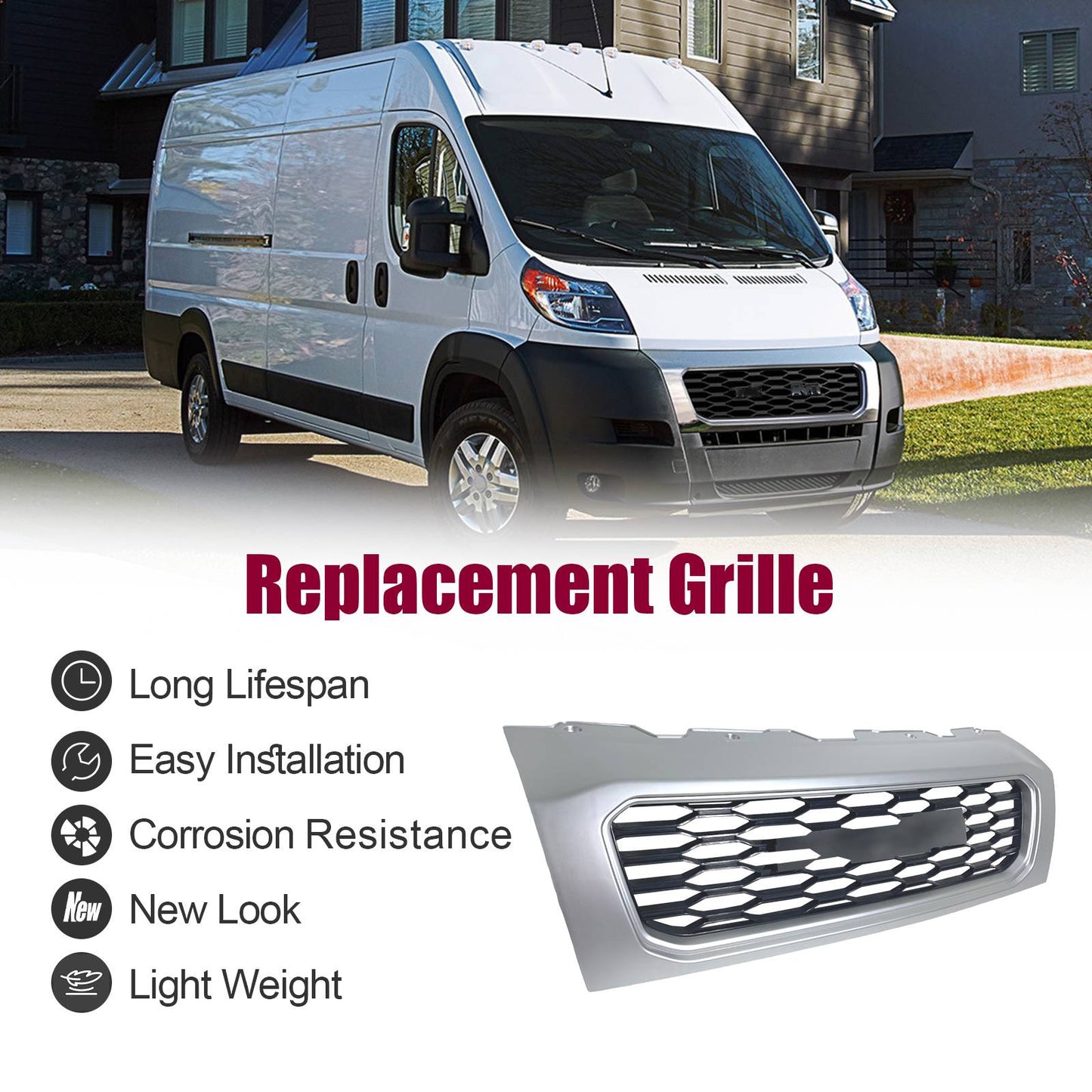 Front Grill for 2019–2022 Ram ProMaster 1500 / 2500 / 3500 – Gloss Black