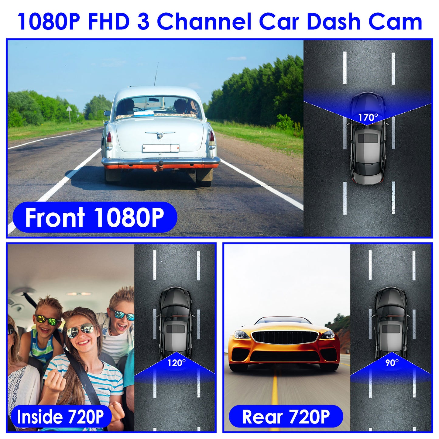 “3-Channel 1080P WiFi Car Dash Camera With Front, Rear & Inside Recording – Night Vision – 170° Wide Angle – 64GB Card Included”