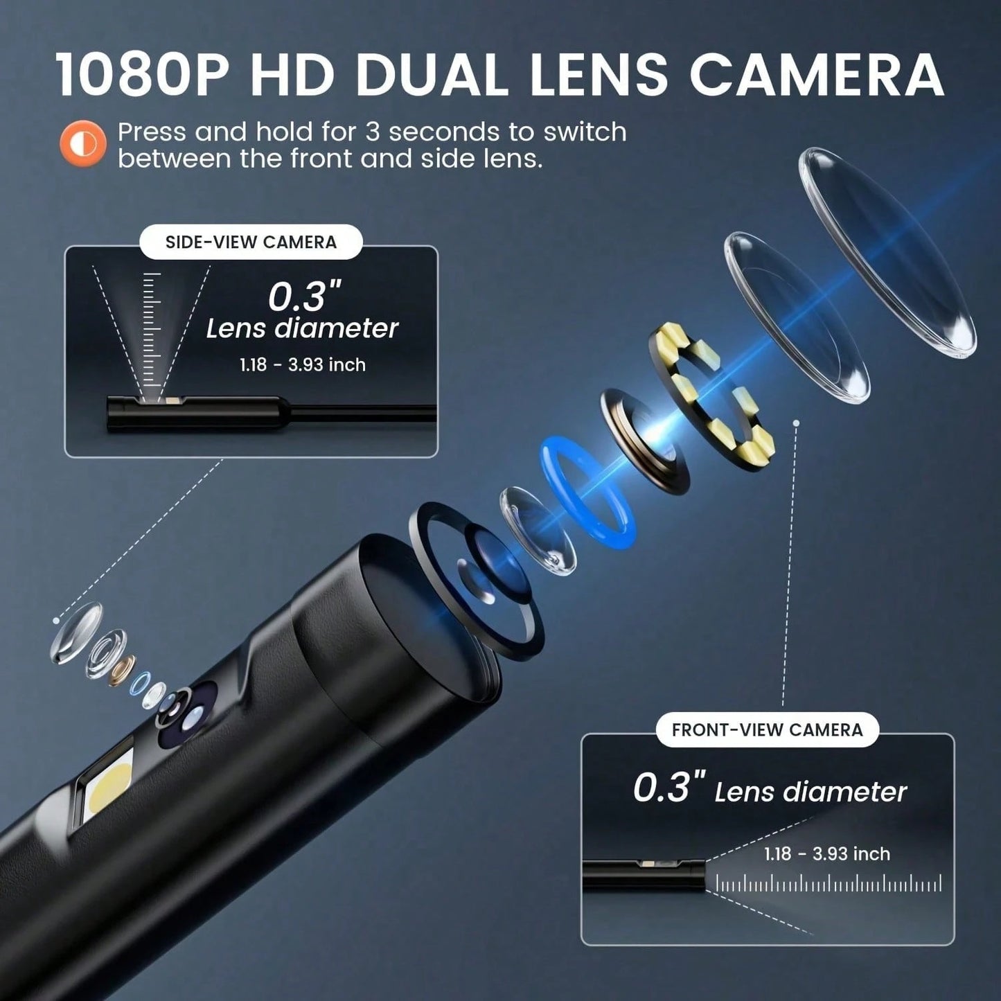 4.3 Inch Dual Lenses Endoscope Camera With Light, With 32GB Memory Card- Waterproof Borescope Camera With 8 Adjustable LED Lights,  LCD Screen, HD 1080P Inspection Camera, 5M Semi-Rigid Cord For Vehic
