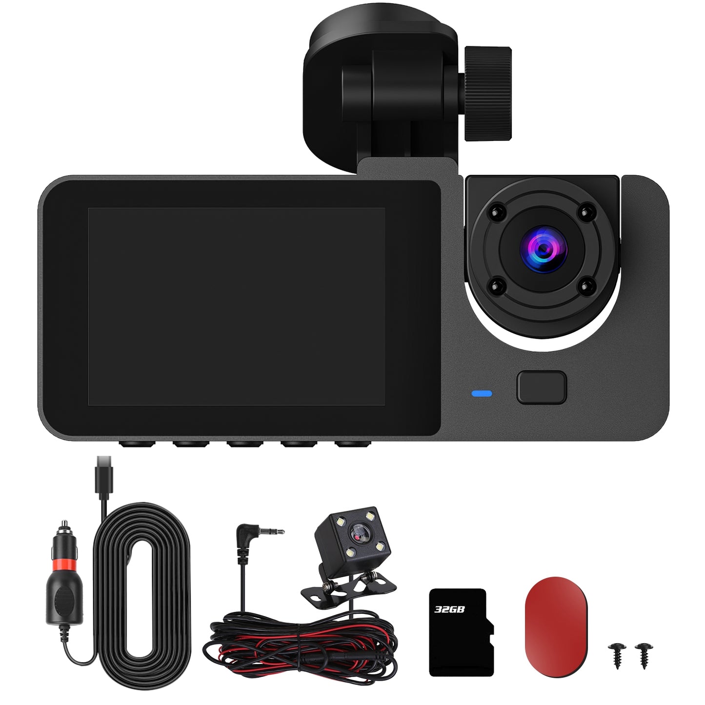 3-Channel Dash Cam with Front, Inside & Rear Recording – 1080P, Night Vision, Motion Detection, 32GB Card Included