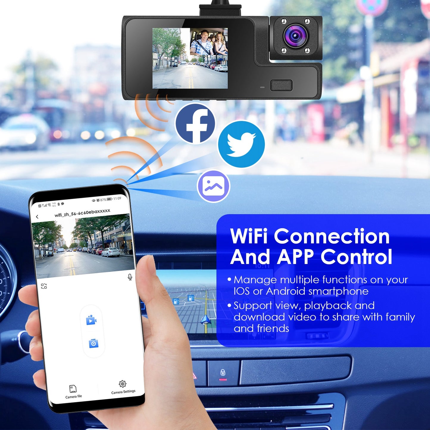 “3-Channel 1080P WiFi Car Dash Camera With Front, Rear & Inside Recording – Night Vision – 170° Wide Angle – 64GB Card Included”