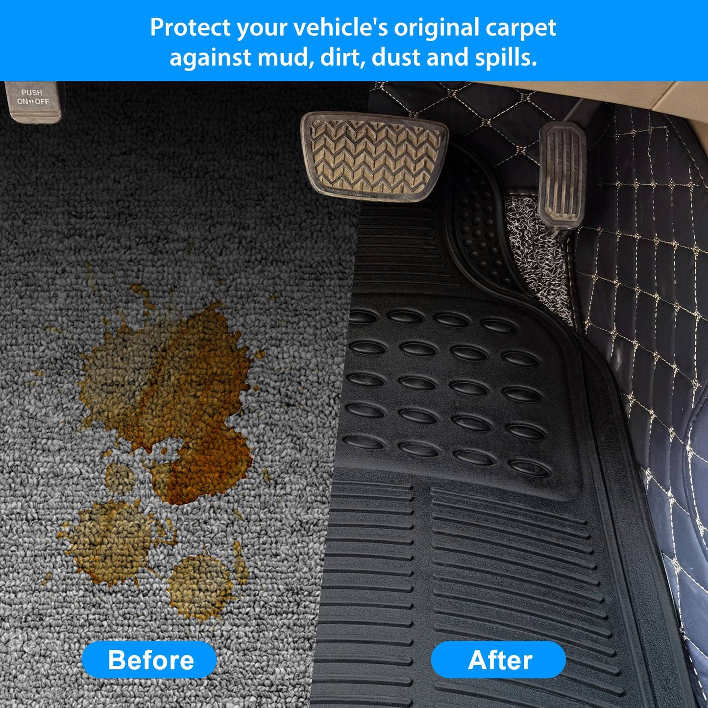 Piece Universal Car Floor Mats Set (Front + Rear) | Trim-to-Fit | Heavy Duty All-Weather PVC/Rubber