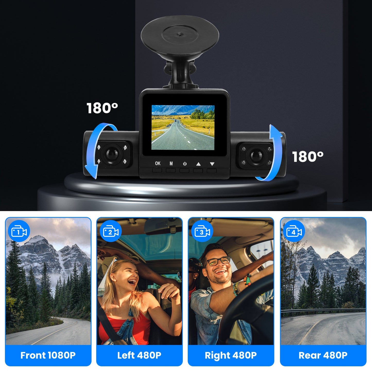 360° Car Dash Camera, FHD Front & Rear View, 4-Channel Recording, Night Vision, Motion Detection – Includes 32GB Card
