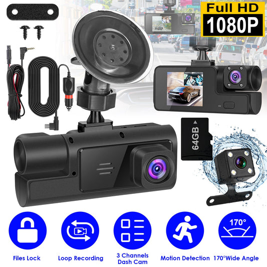 “3-Channel 1080P WiFi Car Dash Camera With Front, Rear & Inside Recording – Night Vision – 170° Wide Angle – 64GB Card Included”