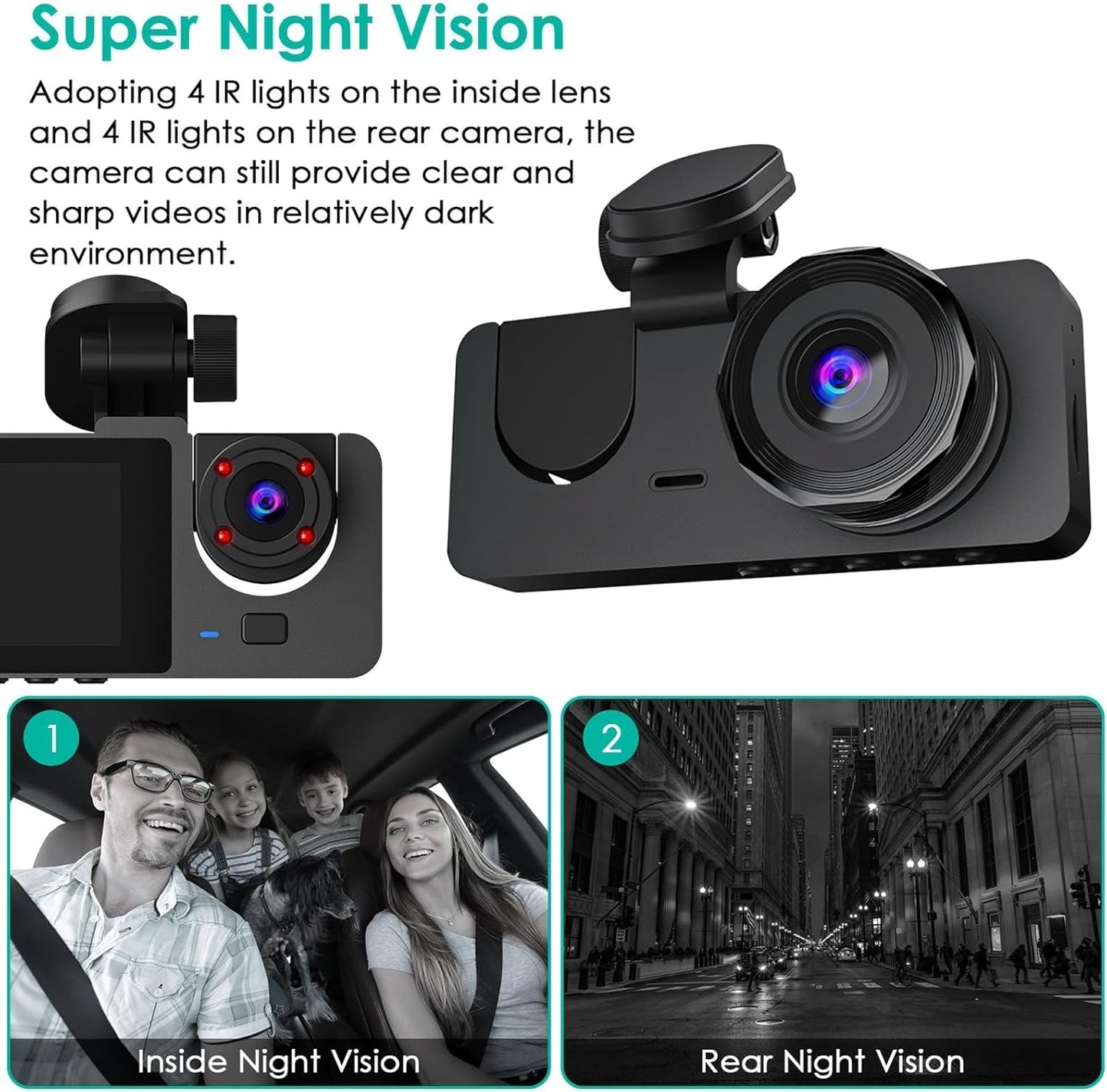 3-Channel 1080P Car Dash Camera with Front/Rear/Inside View, 32GB Card Included, 24H Parking Mode, Night Vision