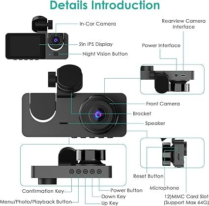 3-Channel 1080P Car Dash Camera with Front/Rear/Inside View, 32GB Card Included, 24H Parking Mode, Night Vision