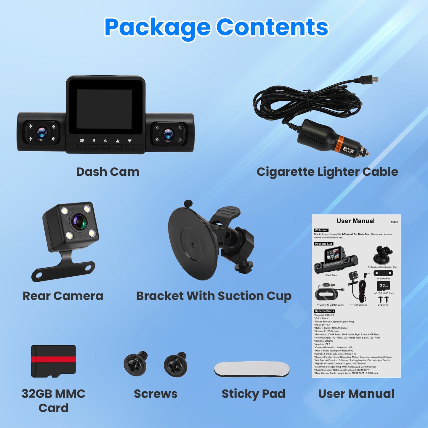360° Car Dash Camera, FHD Front & Rear View, 4-Channel Recording, Night Vision, Motion Detection – Includes 32GB Card