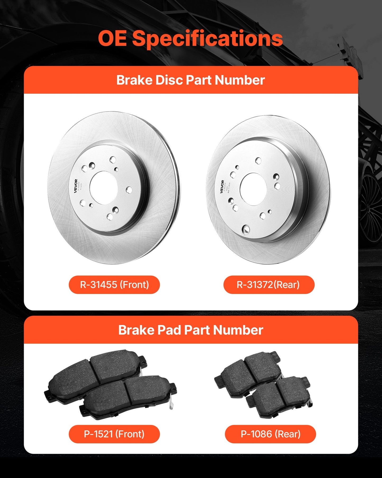 Front & Rear Brake Kit Compatible With 2012-2016 Honda CR-V (AWD Models), Ceramic Brake Replacement Kits, 12 Inch Hollow Structure Front Rotors, 12 Inch Solid Structure Rear Rotors, R-31455
