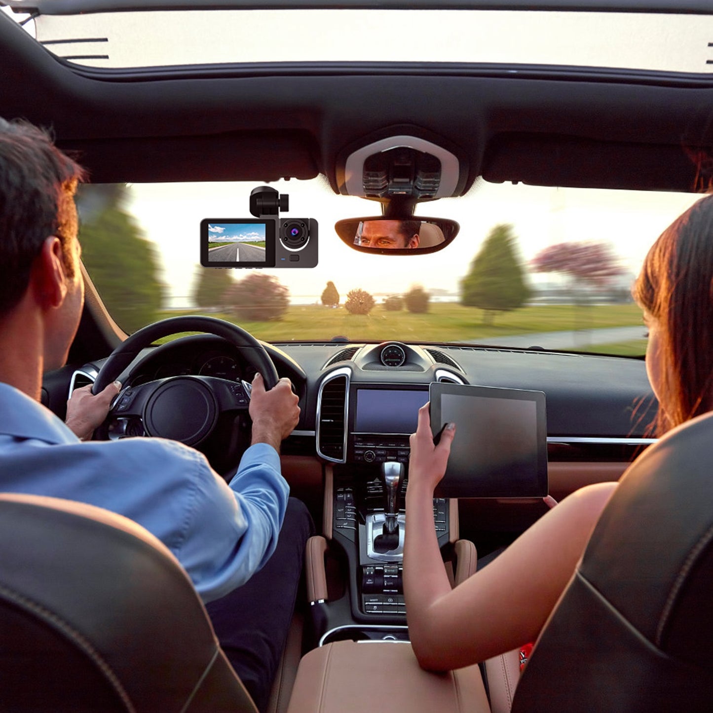3-Channel Dash Cam with Front, Inside & Rear Recording – 1080P, Night Vision, Motion Detection, 32GB Card Included
