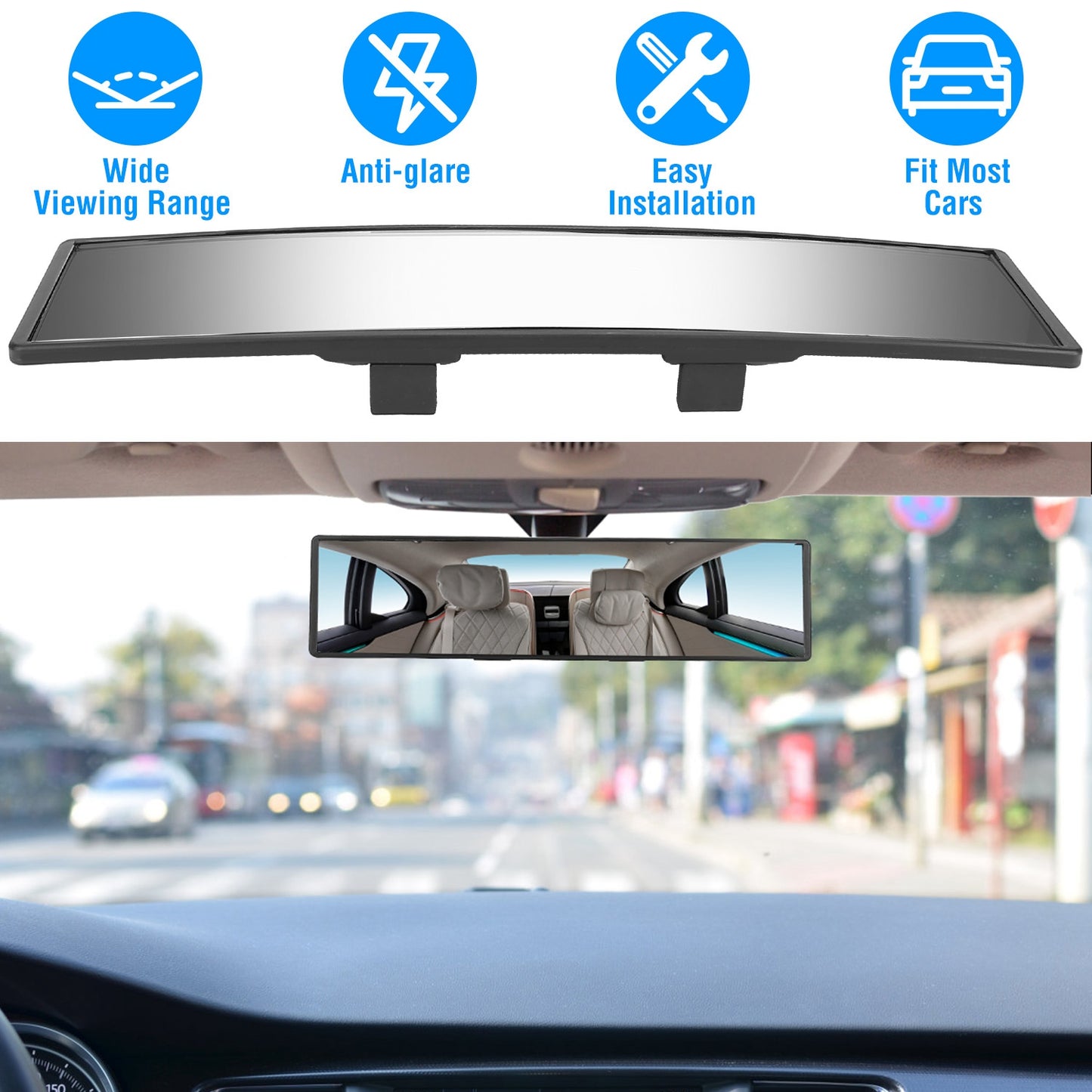 Car Rearview Mirror 11.4in Interior Clip-on Curve Convex Panoramic Anti-glare Rear View Mirrors With Wide Viewing Range For Cars SUVs Trucks Vehicles
