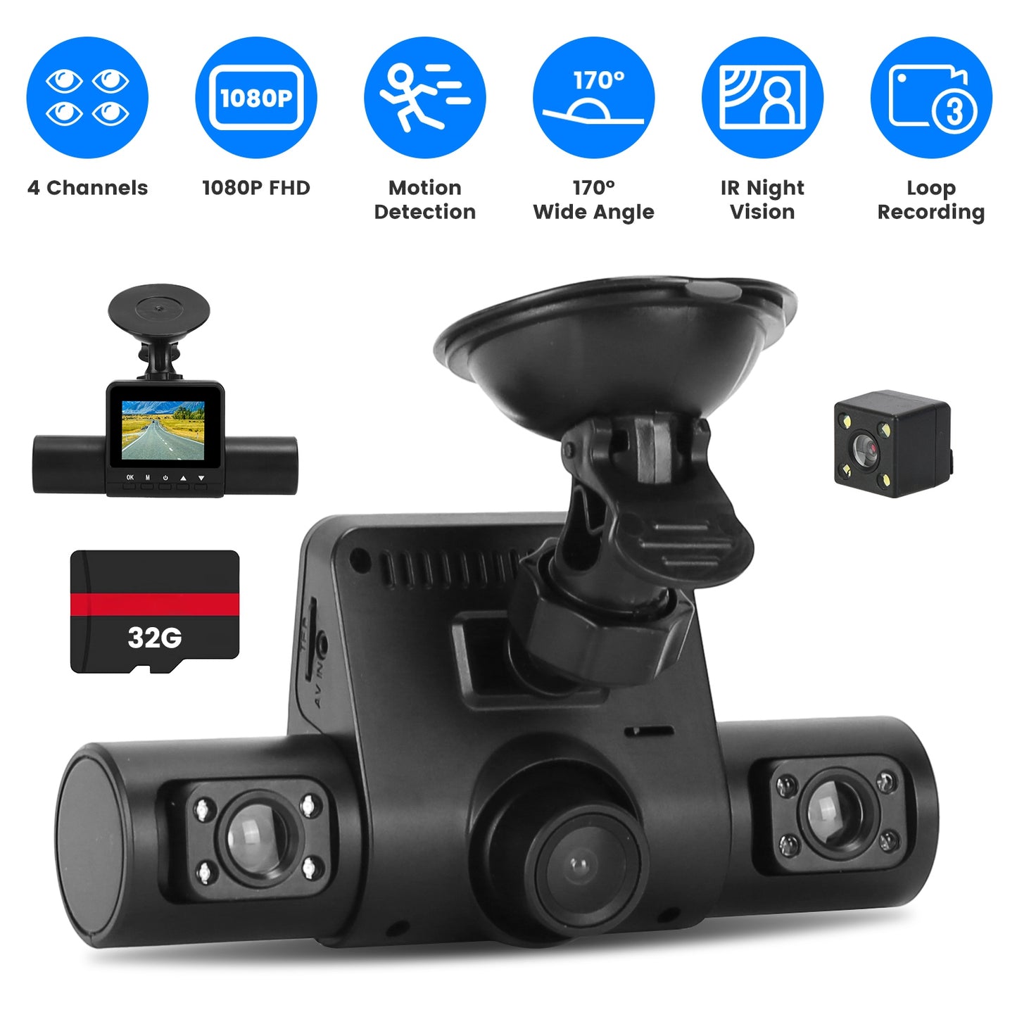 360° Car Dash Camera, FHD Front & Rear View, 4-Channel Recording, Night Vision, Motion Detection – Includes 32GB Card