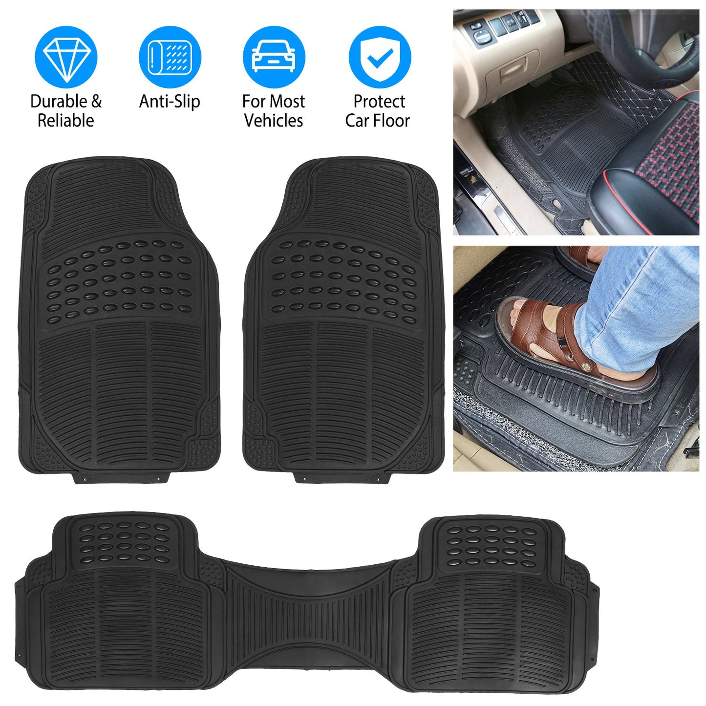 Piece Universal Car Floor Mats Set (Front + Rear) | Trim-to-Fit | Heavy Duty All-Weather PVC/Rubber