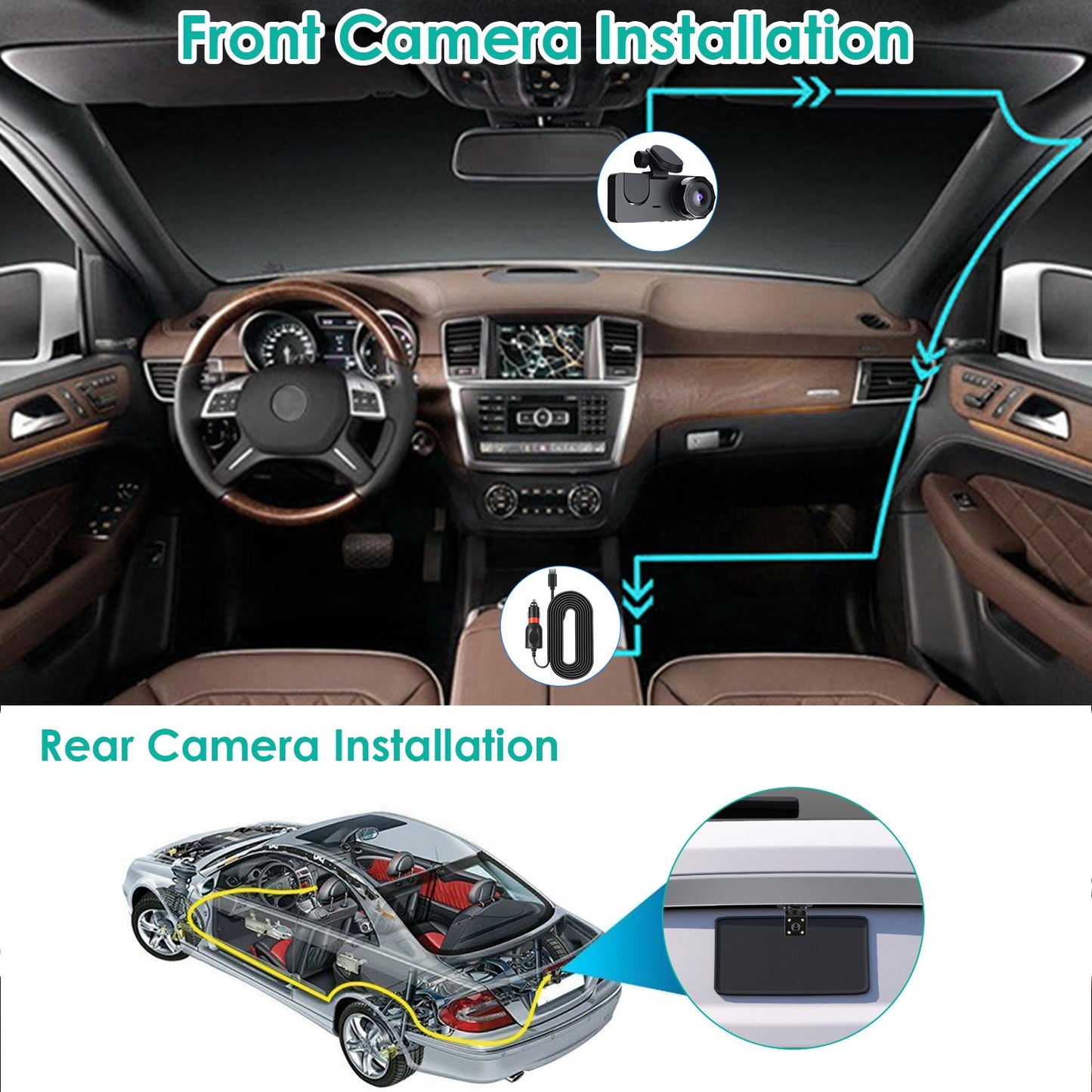 3-Channel Dash Cam with Front, Inside & Rear Recording – 1080P, Night Vision, Motion Detection, 32GB Card Included
