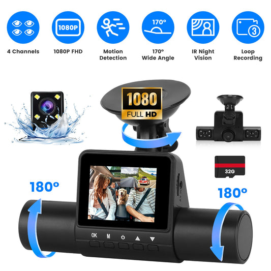 360° Car Dash Camera, FHD Front & Rear View, 4-Channel Recording, Night Vision, Motion Detection – Includes 32GB Card