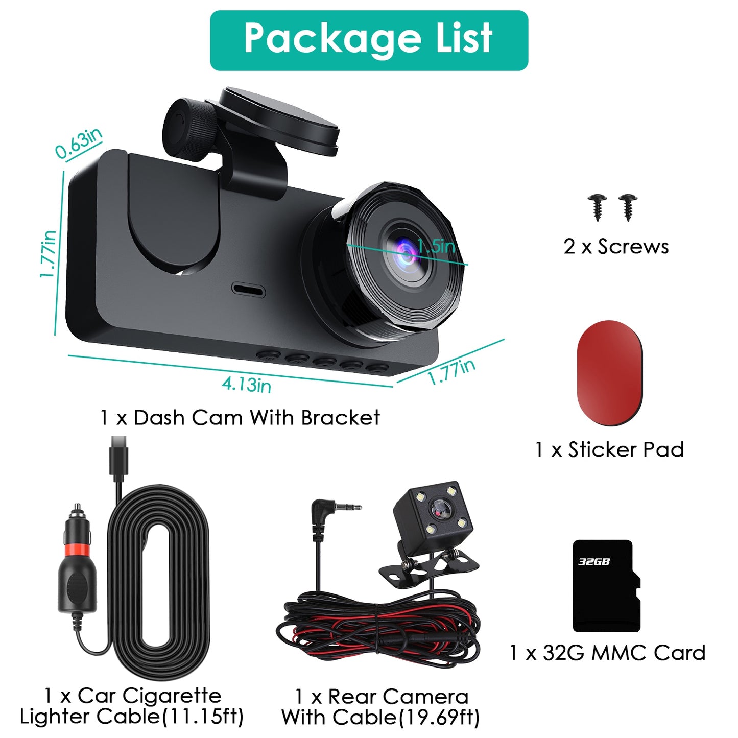 3-Channel Dash Cam with Front, Inside & Rear Recording – 1080P, Night Vision, Motion Detection, 32GB Card Included