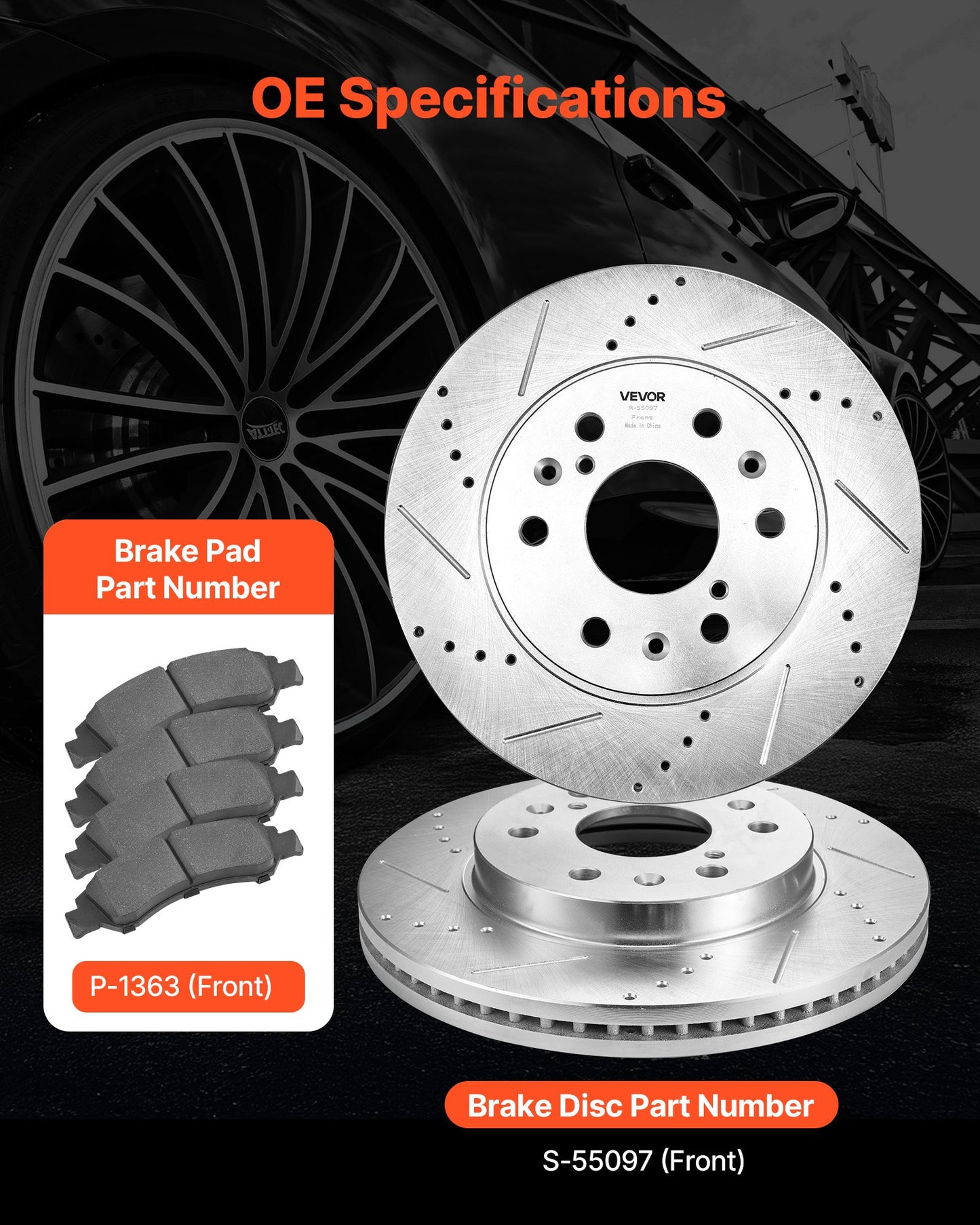 Front Brake Kit Compatible With 2008-2016 Cadillac Escalade/Escalade ESV, 2017-2020 Cadillac Escalade/Escalade ESV (Models Without Brembo Brake Package), Drilled & Slotted Brake Rotors Kit